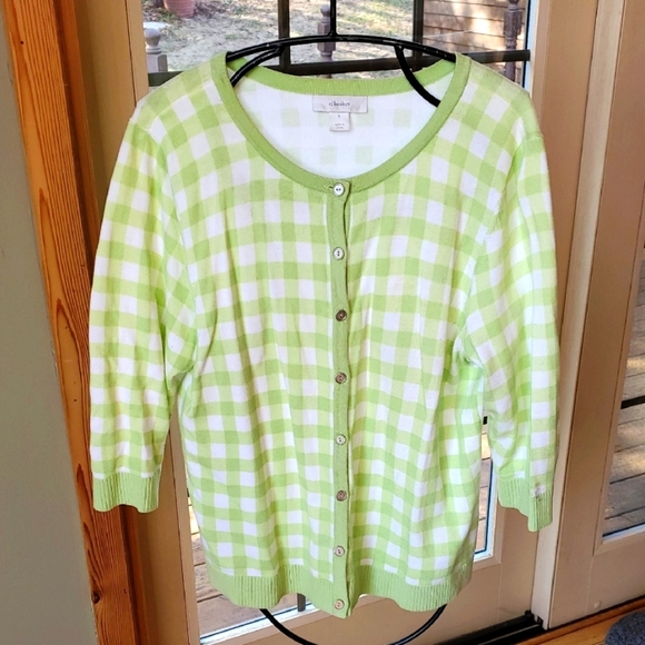 Charter Club Sweaters - CJ Banks Green and White Checkered Button Down Sz. X Cardigan